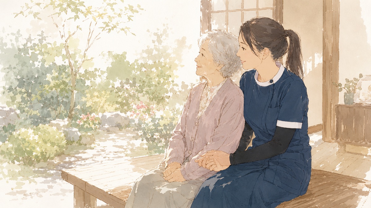 縁側で高齢女性にそっと寄り添う看護師のイラスト